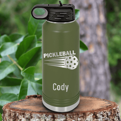 Military Green Pickleball Water Bottle With Pickle Sport Design