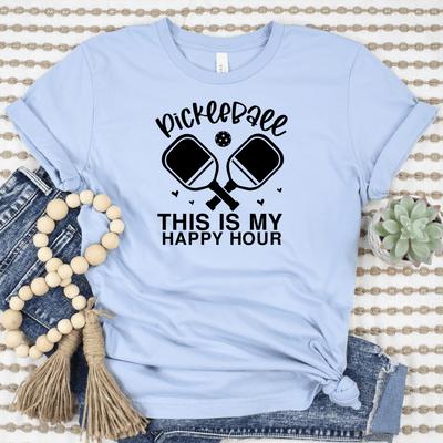 Womens Light Blue T Shirt with Pickleball-Happy-Hour design
