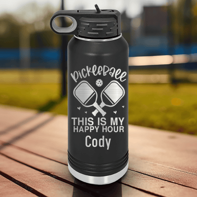 Black Pickleball Water Bottle With Pickleball Happy Hour Design