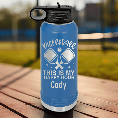 Blue Pickleball Water Bottle With Pickleball Happy Hour Design