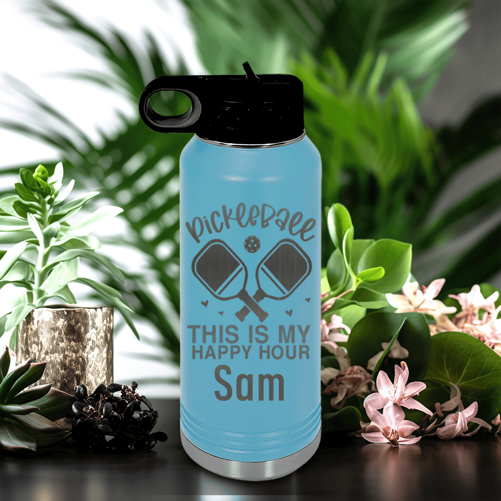 Light Blue Pickleball Water Bottle With Pickleball Happy Hour Design