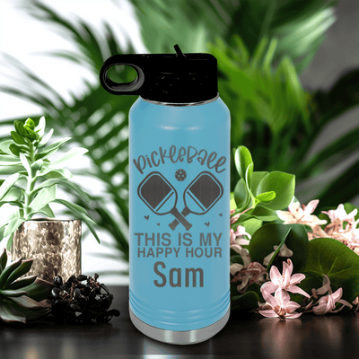 Light Blue Pickleball Water Bottle With Pickleball Happy Hour Design