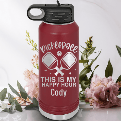 Maroon Pickleball Water Bottle With Pickleball Happy Hour Design