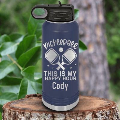 Navy Pickleball Water Bottle With Pickleball Happy Hour Design