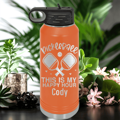 Orange Pickleball Water Bottle With Pickleball Happy Hour Design