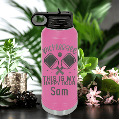 Pink Pickleball Water Bottle With Pickleball Happy Hour Design