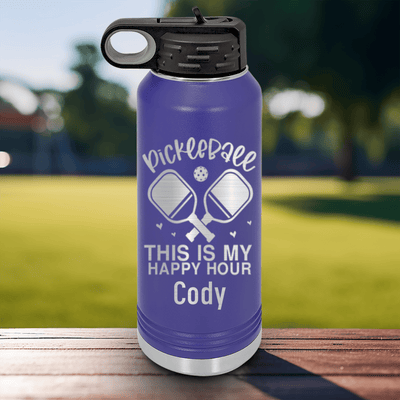 Purple Pickleball Water Bottle With Pickleball Happy Hour Design