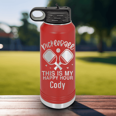 Red Pickleball Water Bottle With Pickleball Happy Hour Design