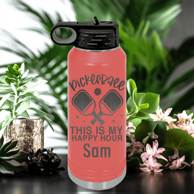 Salmon Pickleball Water Bottle With Pickleball Happy Hour Design