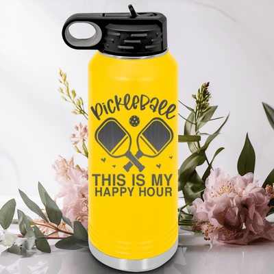 Yellow Pickleball Water Bottle With Pickleball Happy Hour Design