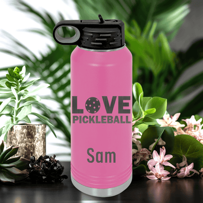 Pink Pickleball Water Bottle With Pickleball Love Design