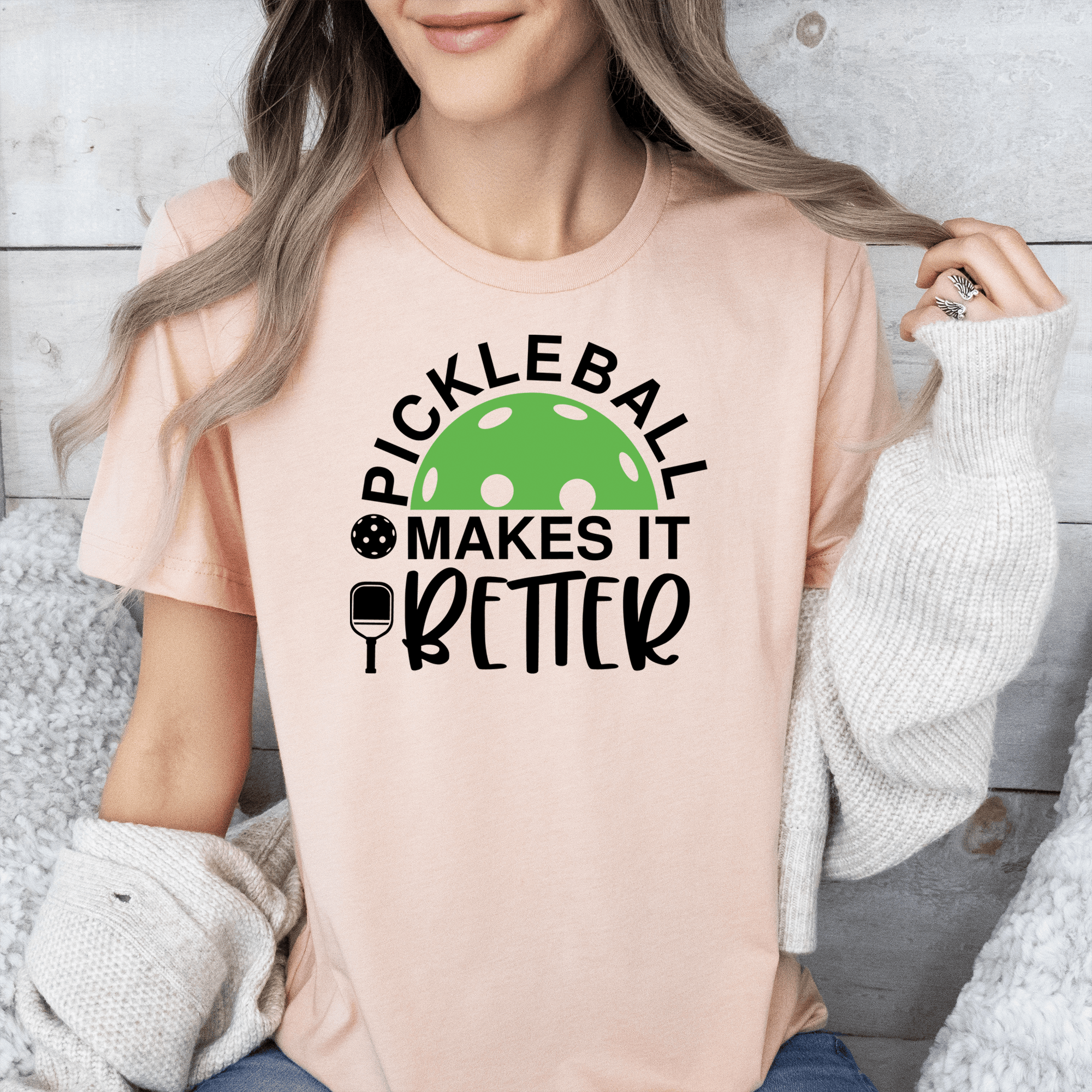 Womens Heather Peach T Shirt with Pickleball-Makes-It-Better design