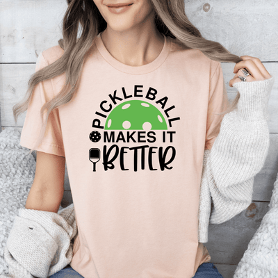 Womens Heather Peach T Shirt with Pickleball-Makes-It-Better design