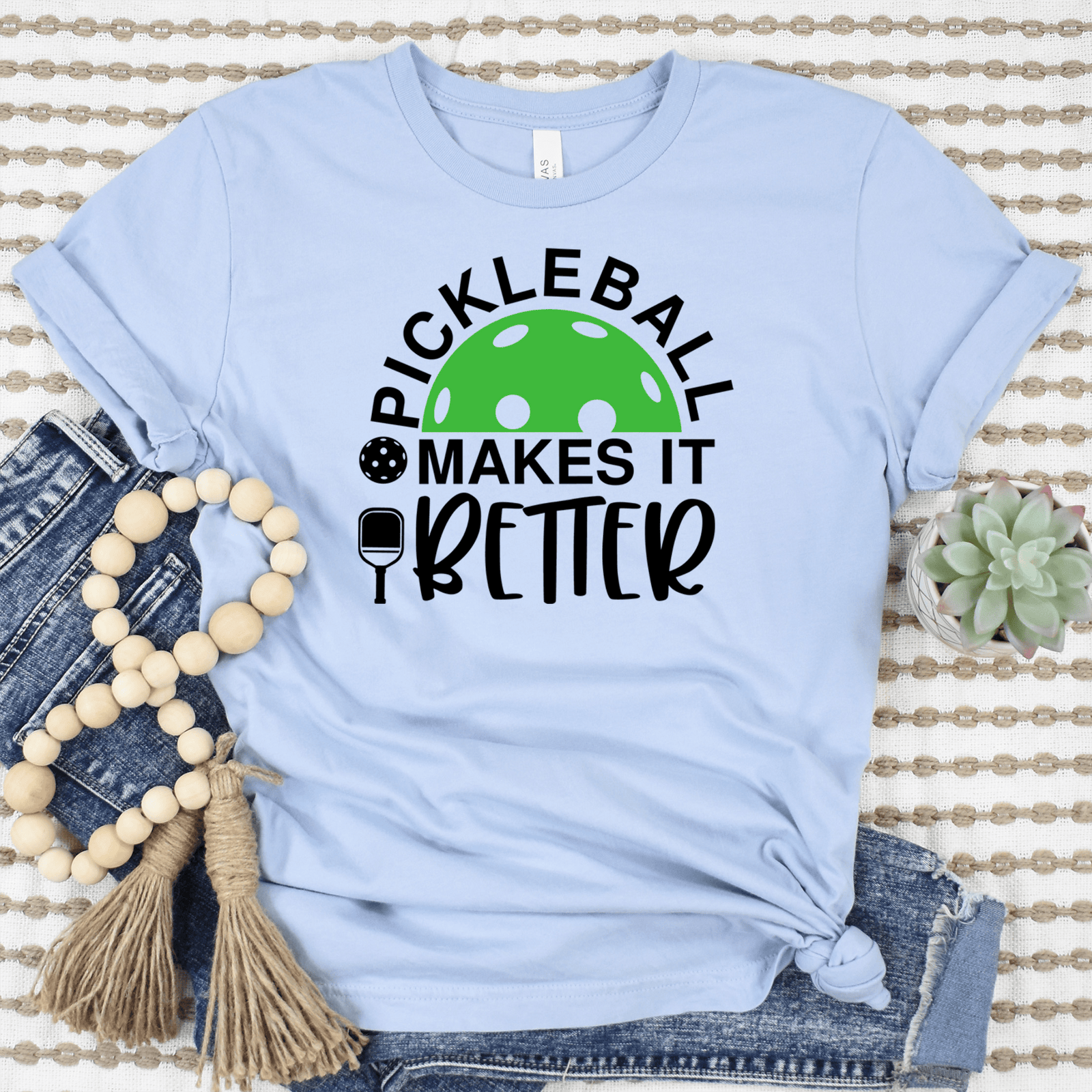 Womens Light Blue T Shirt with Pickleball-Makes-It-Better design