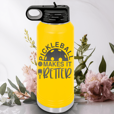Yellow Pickleball Water Bottle With Pickleball Makes It Better Design