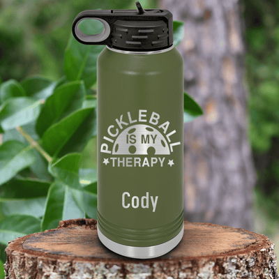 Military Green Pickleball Water Bottle With Pickleball Therapy Design