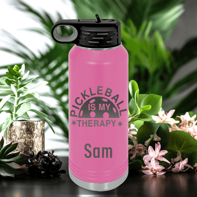 Pink Pickleball Water Bottle With Pickleball Therapy Design