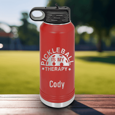 Red Pickleball Water Bottle With Pickleball Therapy Design