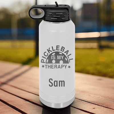 White Pickleball Water Bottle With Pickleball Therapy Design