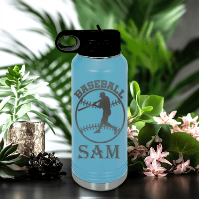 Light Blue Baseball Water Bottle With Player Spotlight Design