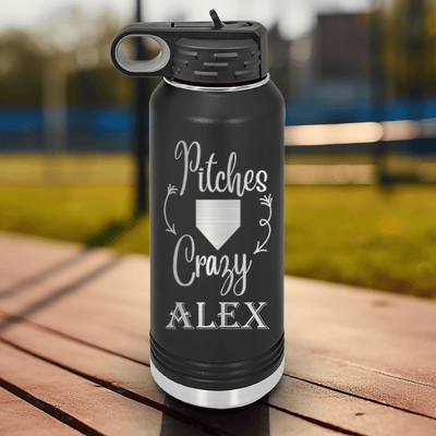 Black Baseball Water Bottle With Playful Pitch Madness Design