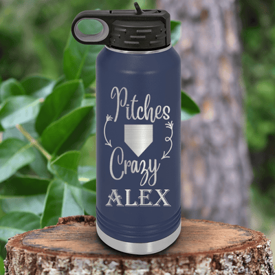 Navy Baseball Water Bottle With Playful Pitch Madness Design