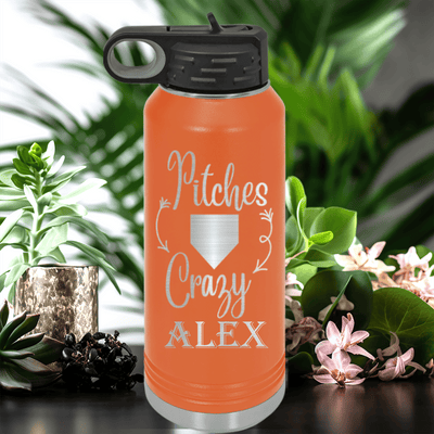 Orange Baseball Water Bottle With Playful Pitch Madness Design