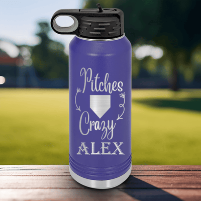Purple Baseball Water Bottle With Playful Pitch Madness Design