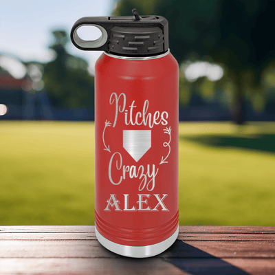 Red Baseball Water Bottle With Playful Pitch Madness Design