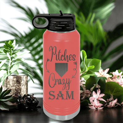 Salmon Baseball Water Bottle With Playful Pitch Madness Design