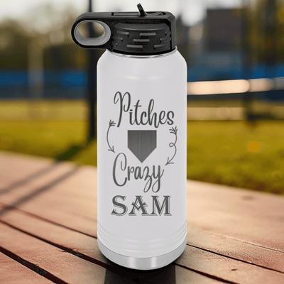 White Baseball Water Bottle With Playful Pitch Madness Design