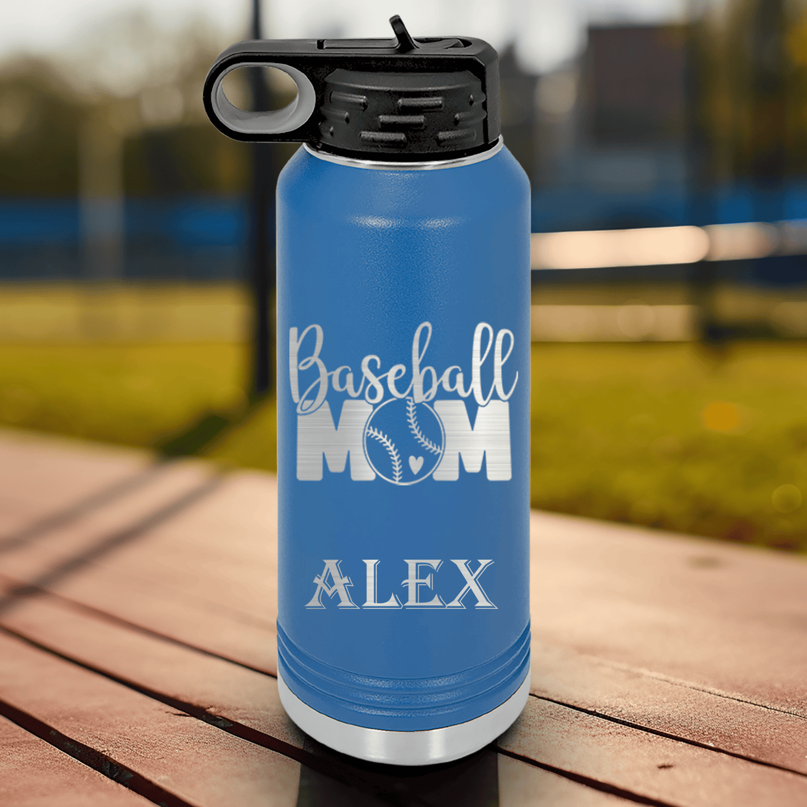 Blue Baseball Water Bottle With Queen Of The Bleachers Baseball Design