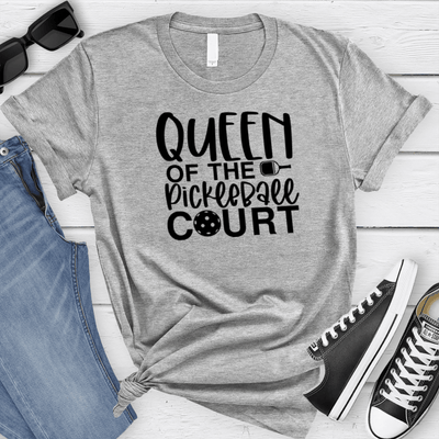 Womens Grey T Shirt with Queen-Of-The-Pickleball-Court design