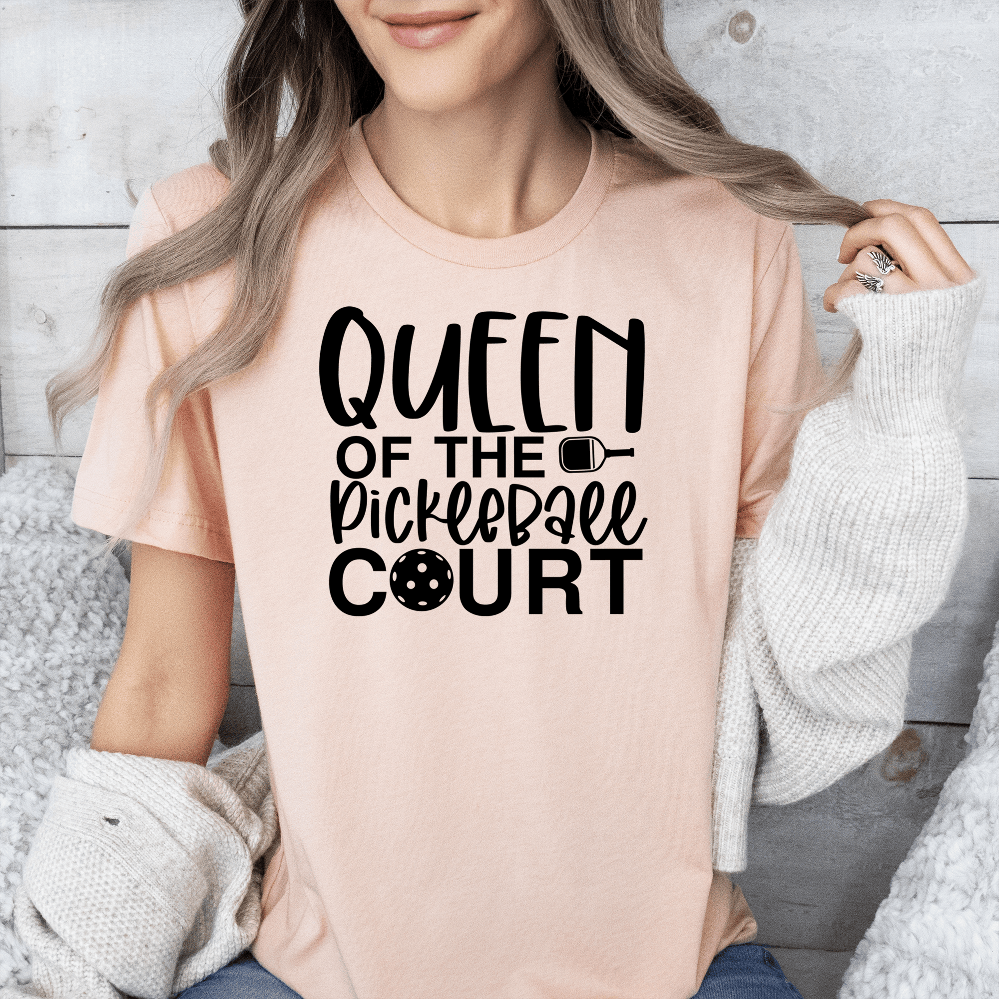 Womens Heather Peach T Shirt with Queen-Of-The-Pickleball-Court design