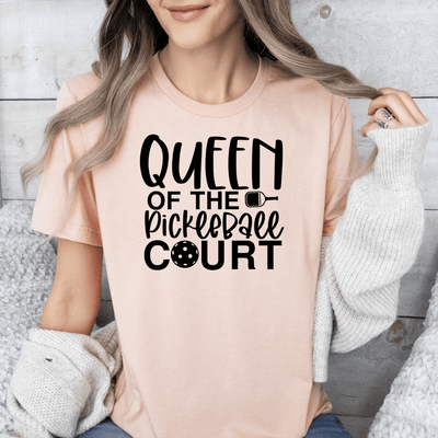 Womens Heather Peach T Shirt with Queen-Of-The-Pickleball-Court design