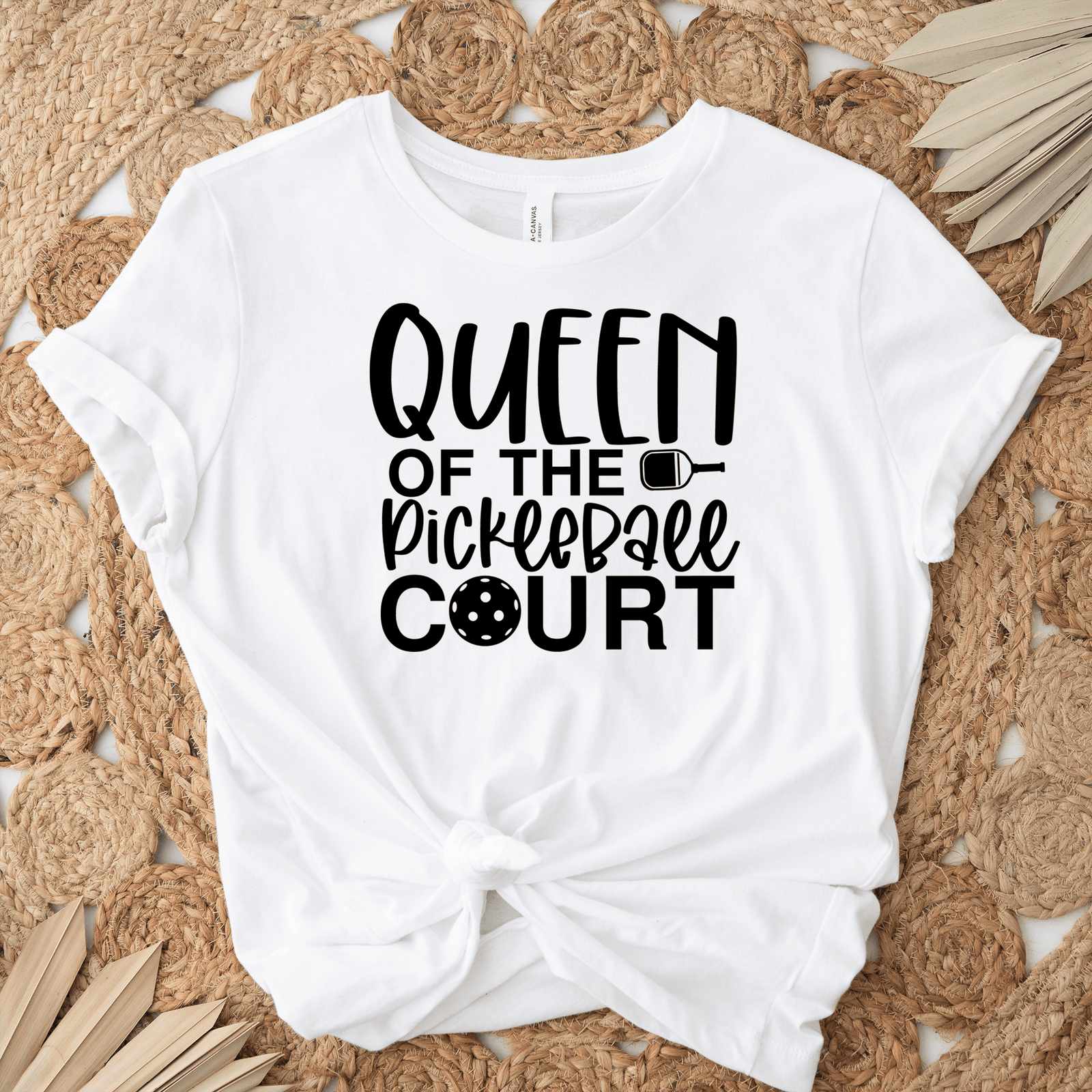 Womens White T Shirt with Queen-Of-The-Pickleball-Court design