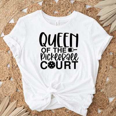 Womens White T Shirt with Queen-Of-The-Pickleball-Court design