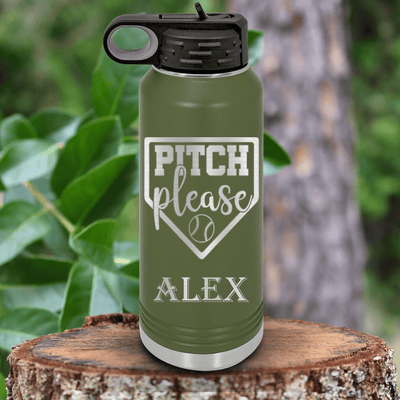 Military Green Baseball Water Bottle With Sass From The Mound Design
