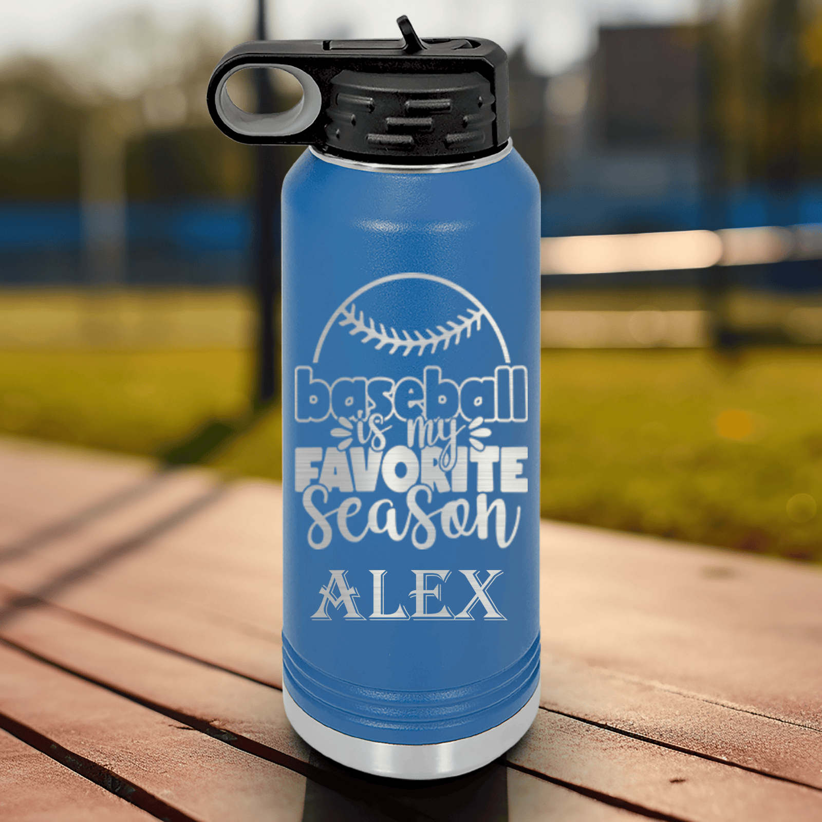Blue Baseball Water Bottle With Season Of Home Runs Design