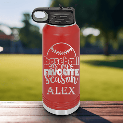 Red Baseball Water Bottle With Season Of Home Runs Design