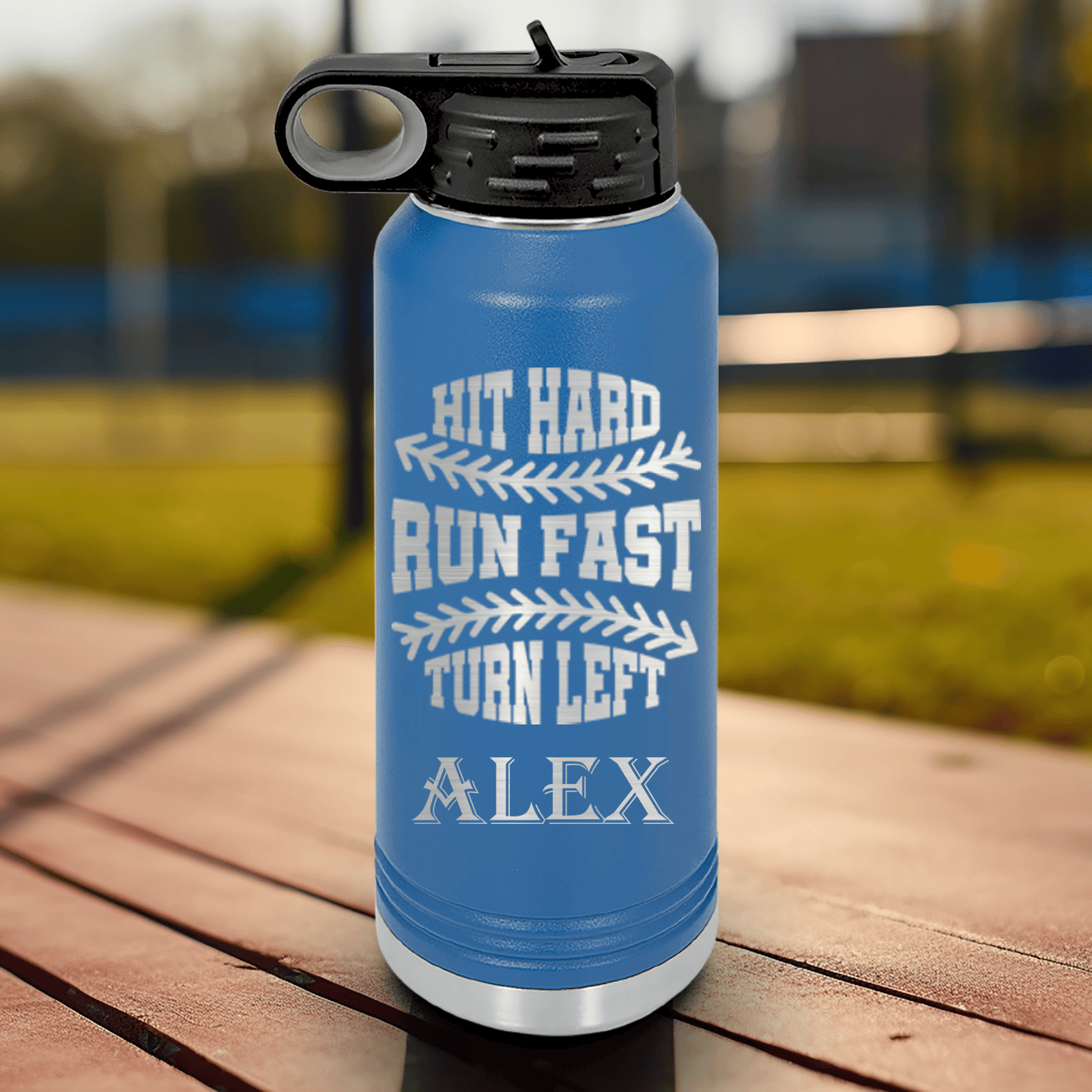 Blue Baseball Water Bottle With Swing For The Fences Design
