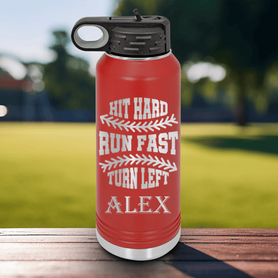 Red Baseball Water Bottle With Swing For The Fences Design