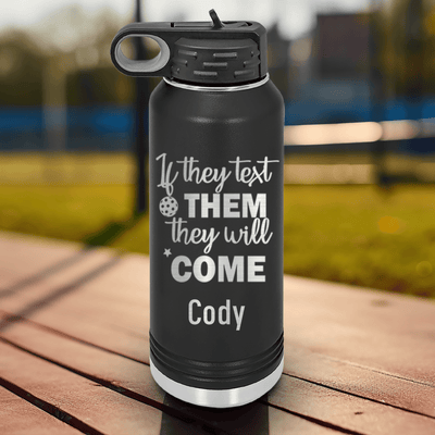 Black Pickleball Water Bottle With Text Pickle Design
