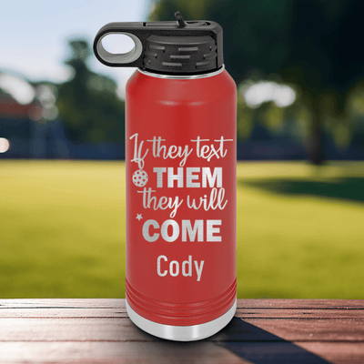 Red Pickleball Water Bottle With Text Pickle Design