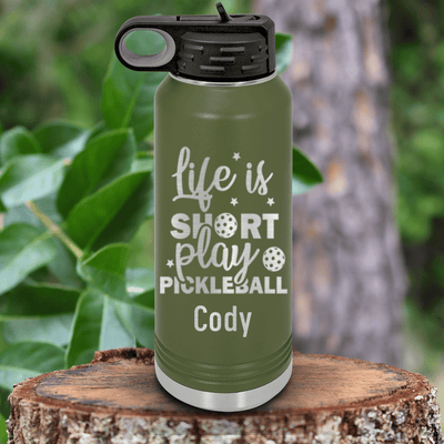 Military Green Pickleball Water Bottle With That Pickle Life Design