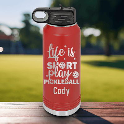 Red Pickleball Water Bottle With That Pickle Life Design
