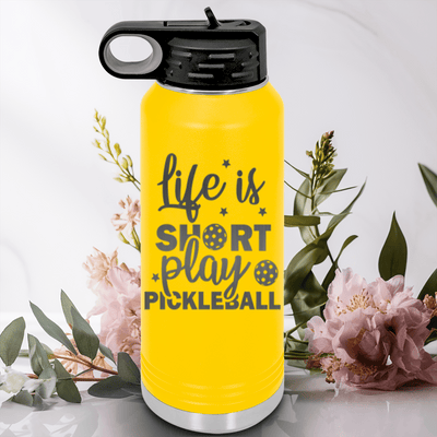 Yellow Pickleball Water Bottle With That Pickle Life Design