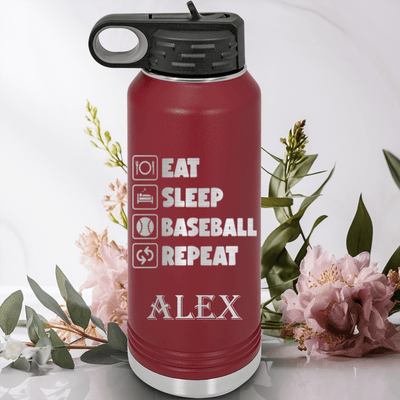Maroon Baseball Water Bottle With The Baseball Routine Design
