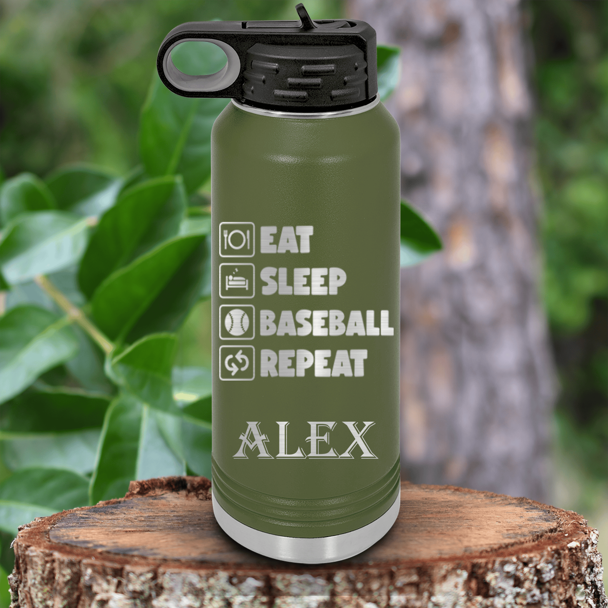 Military Green Baseball Water Bottle With The Baseball Routine Design