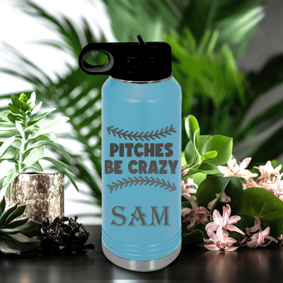 Light Blue Baseball Water Bottle With Unpredictable Pitches Design